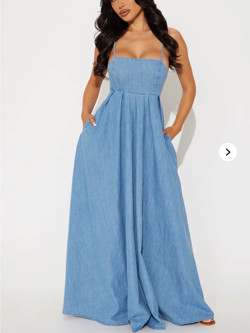 Fashion Nova Light Blue Denim Maxi Dress with Spaghetti Straps